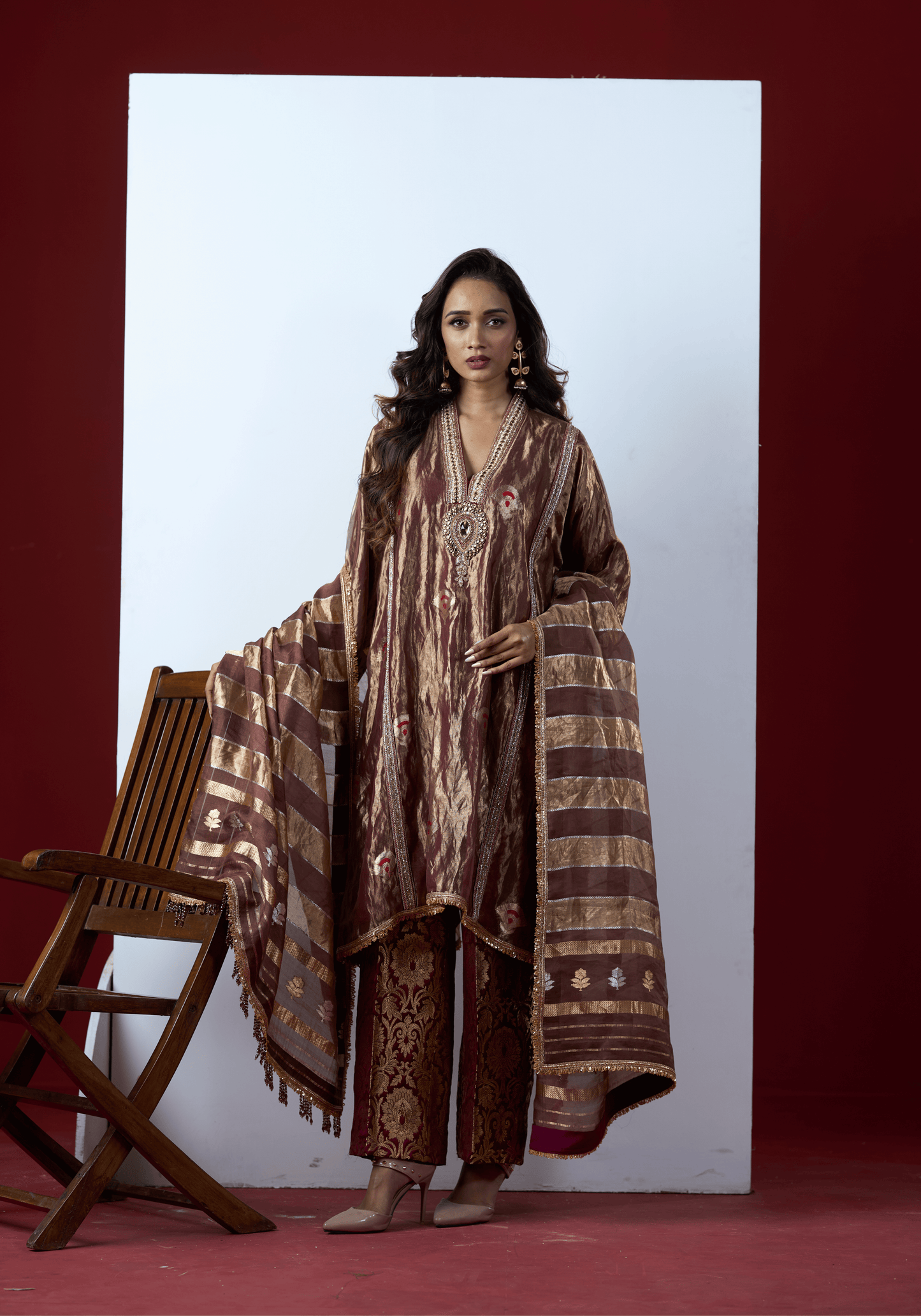 Metallic Mauve Kurti Set with Banarasi Dupatta