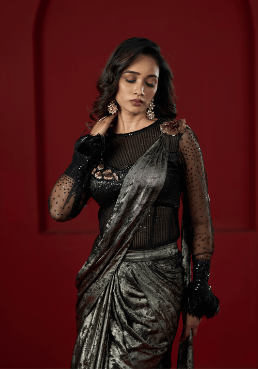 Metallic Black Pre-Draped Saree Gown