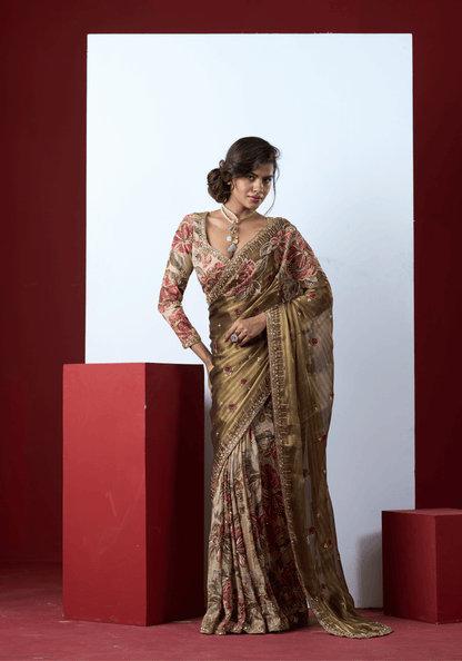 Olive Floral Embroidered Saree Set