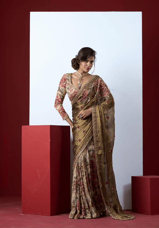Olive Floral Embroidered Saree Set