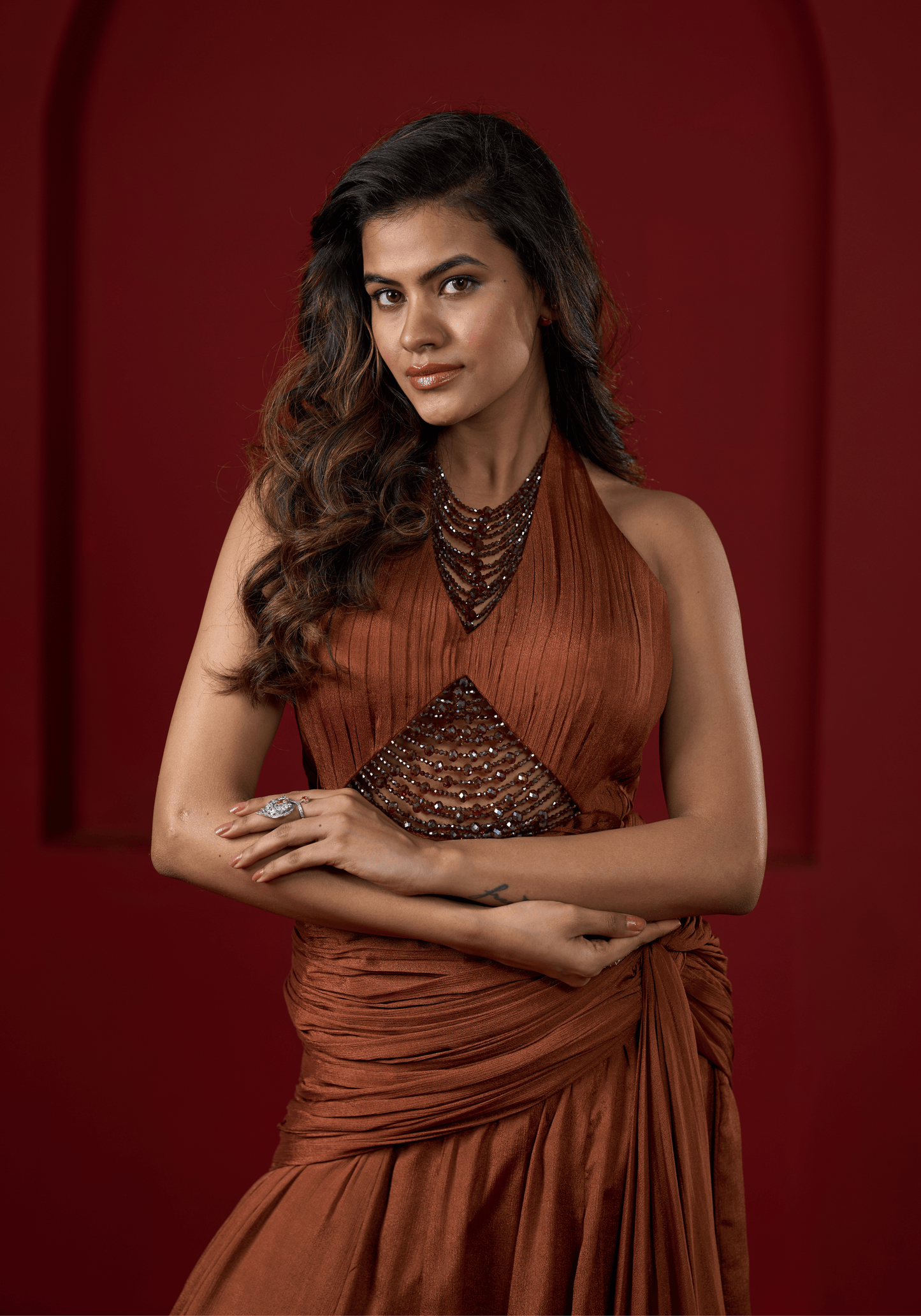 Rust Brown Halter Drape Gown