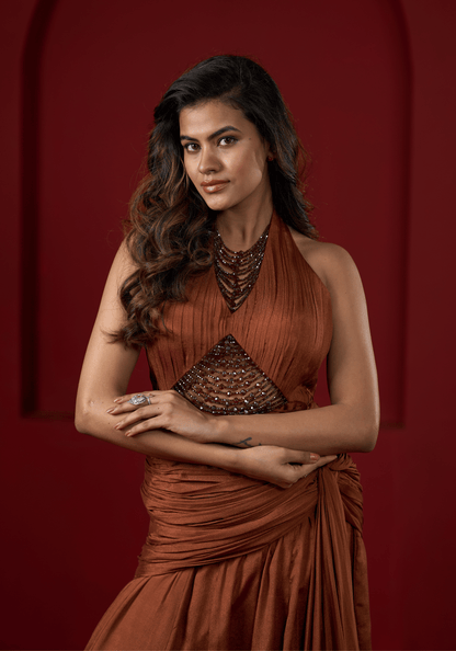 Rust Brown Halter Drape Gown