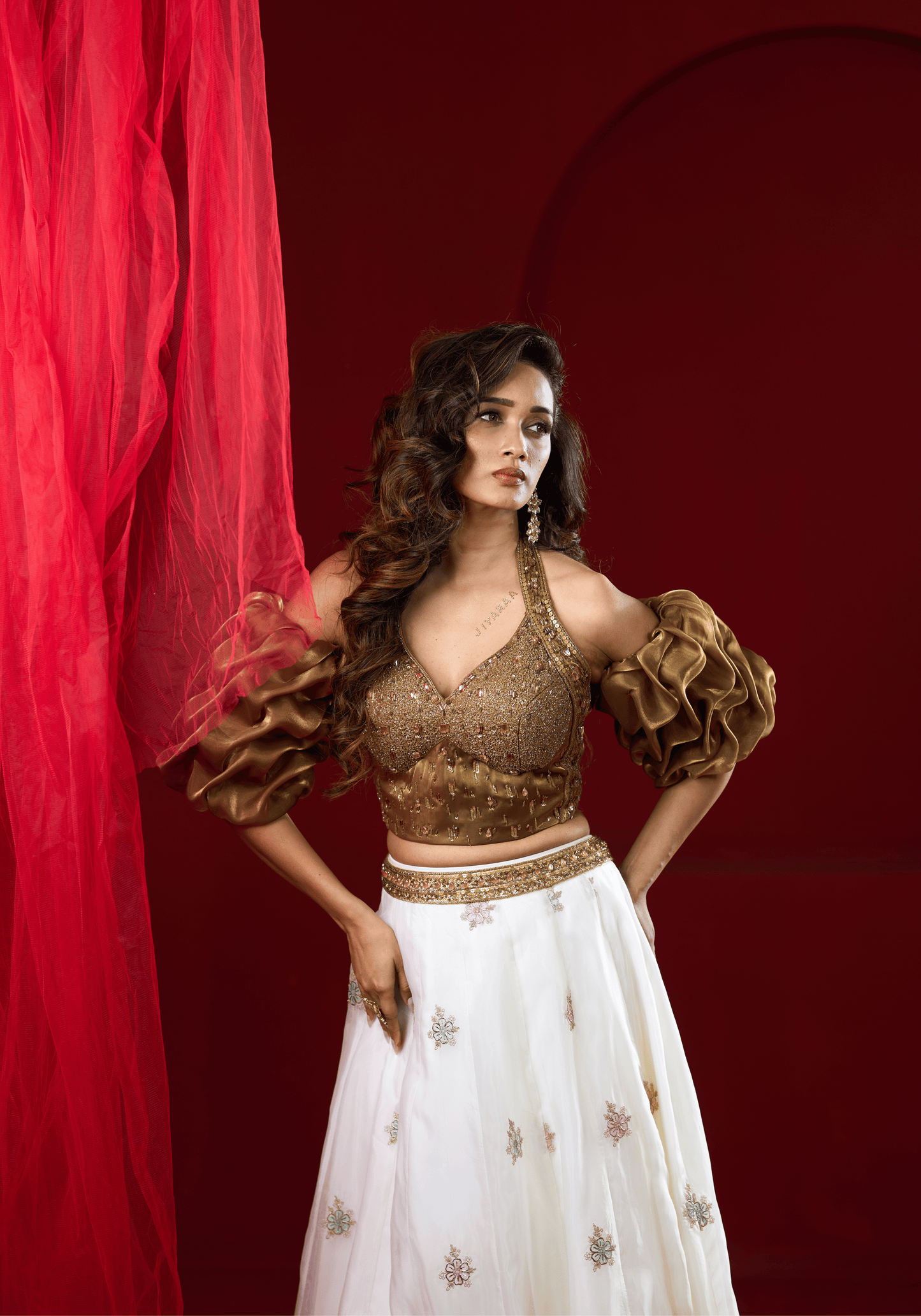 Golden Puff Sleeve Lehenga Set