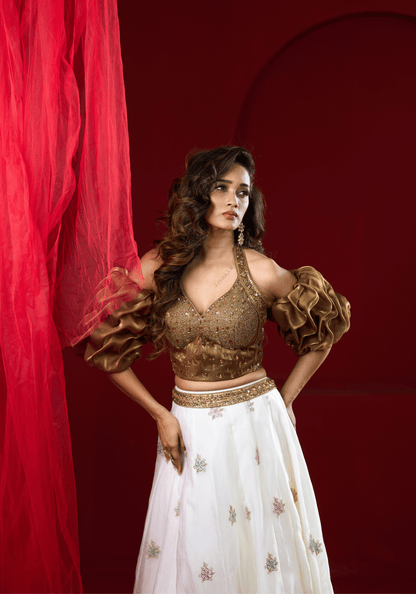 Golden Puff Sleeve Lehenga Set