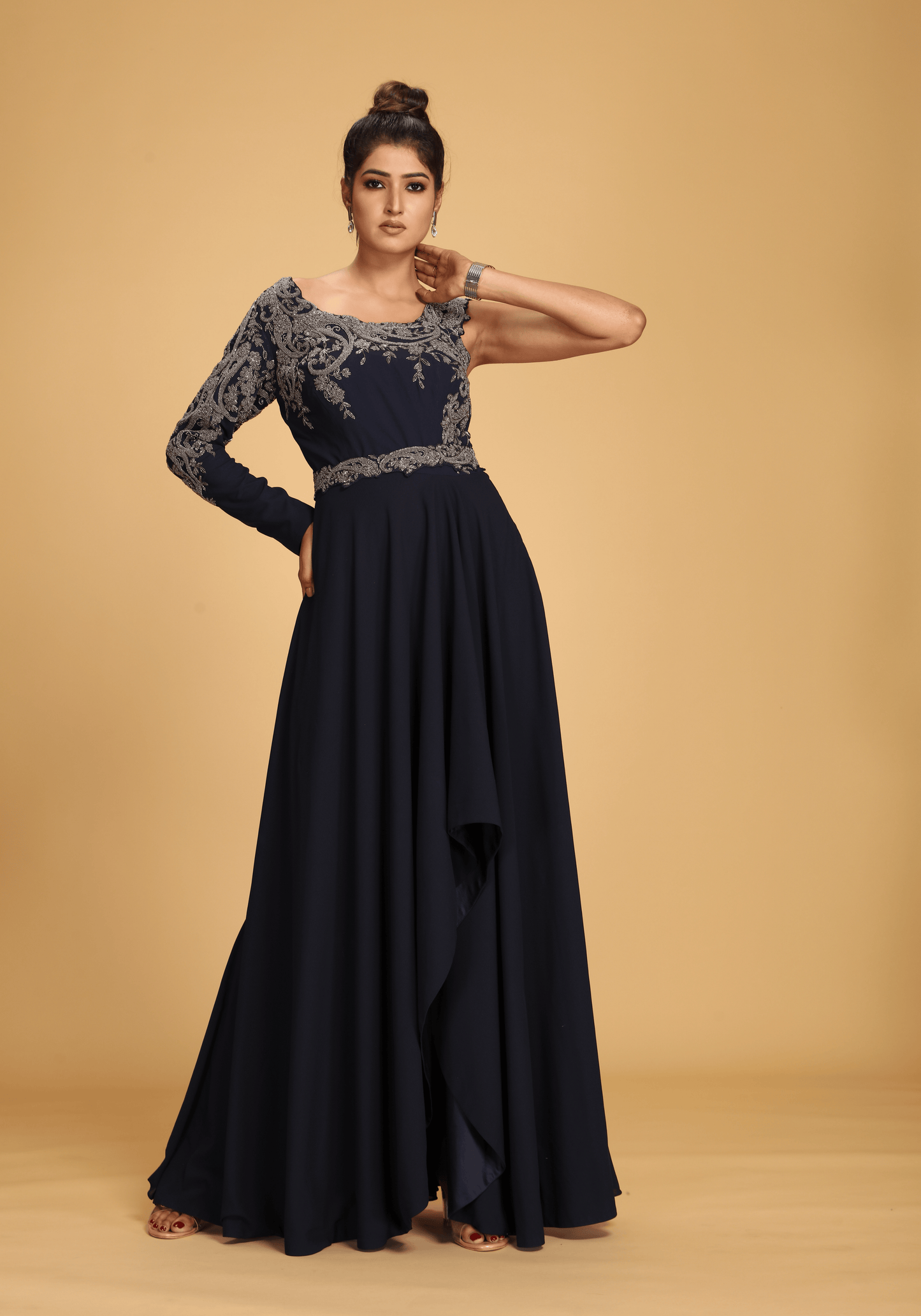 Midnight One-Shoulder Embroidered Gown