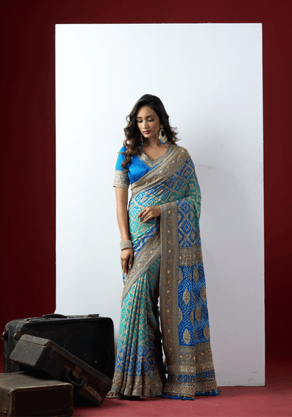 Royal Blue Bandhani Embroidered Saree