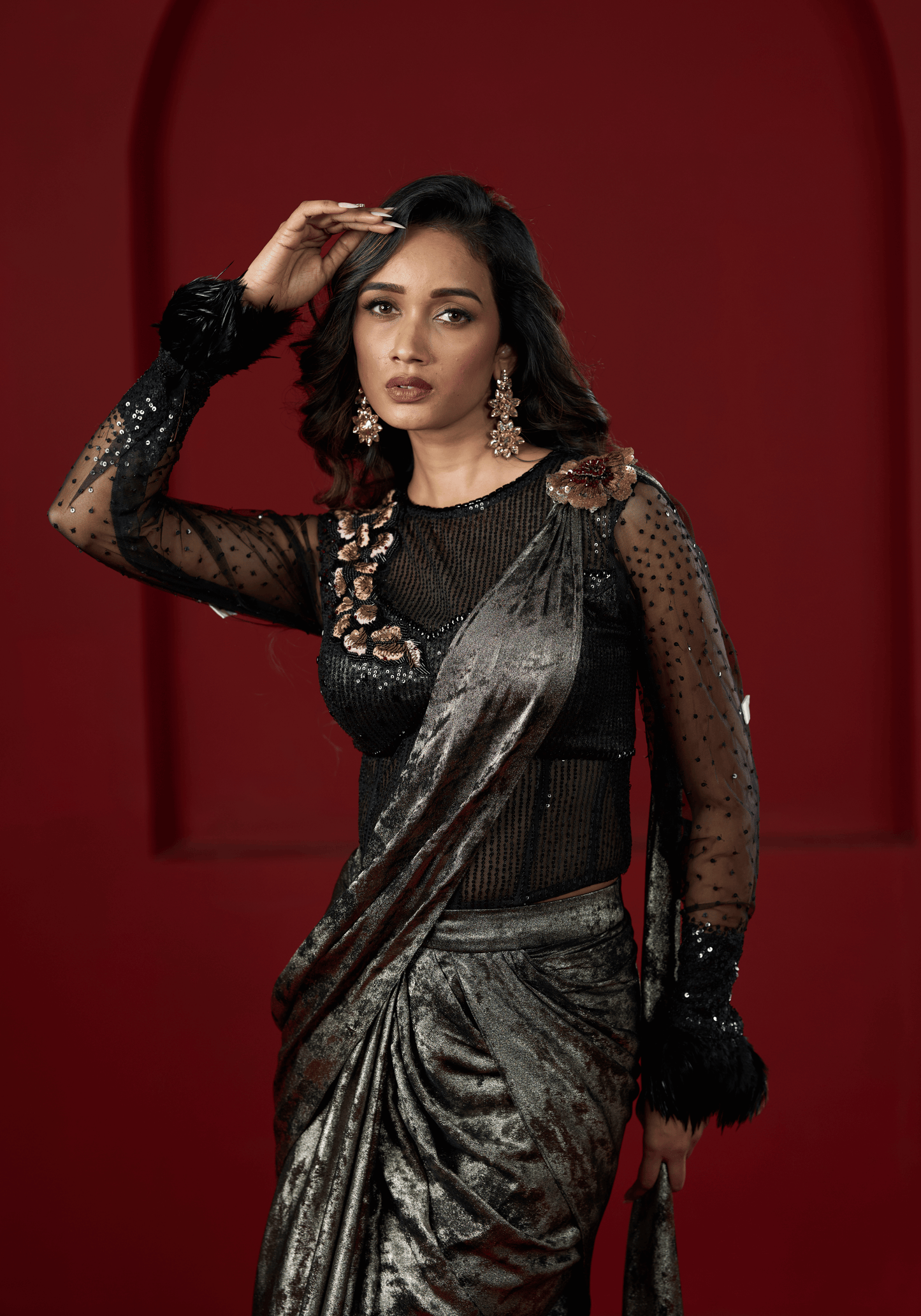 Metallic Black Pre-Draped Saree Gown