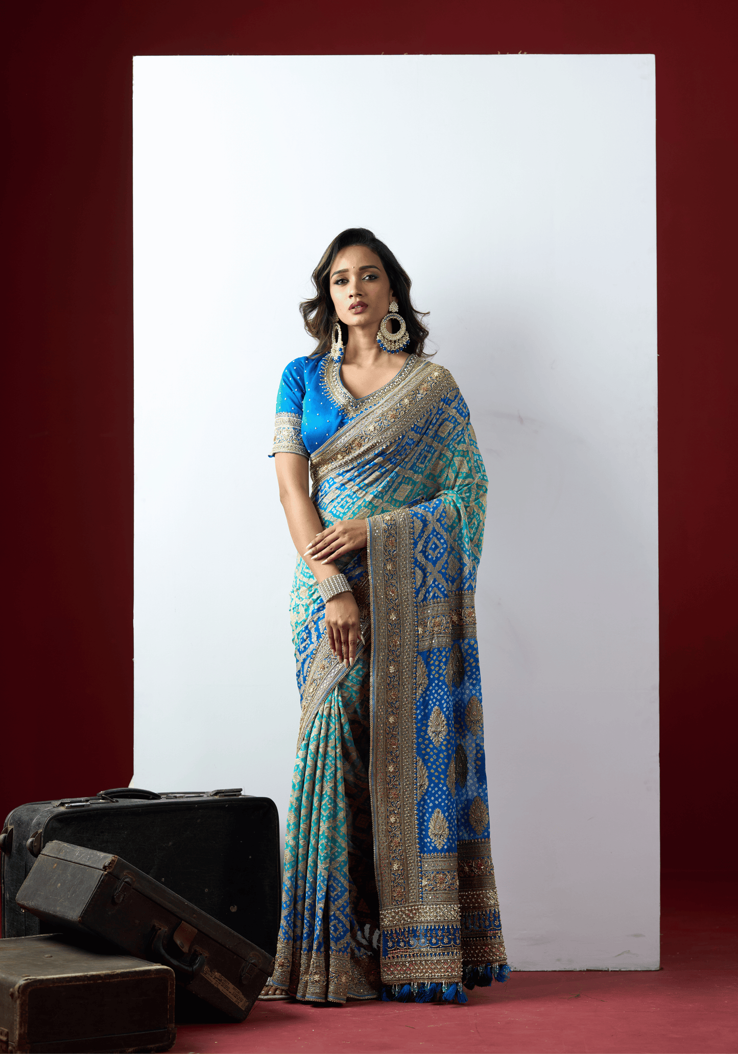 Royal Blue Bandhani Embroidered Saree