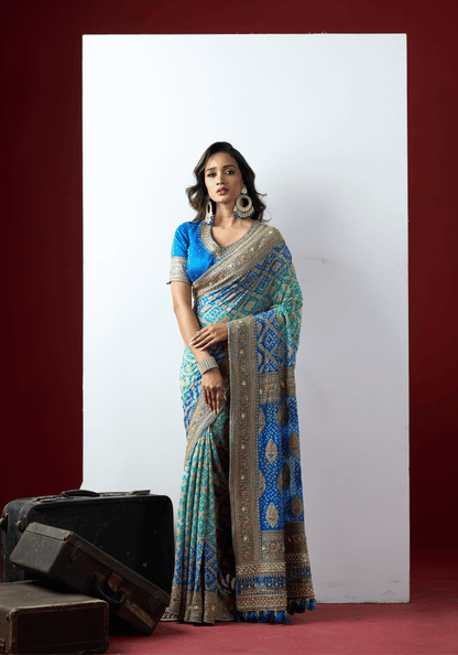 Royal Blue Bandhani Embroidered Saree