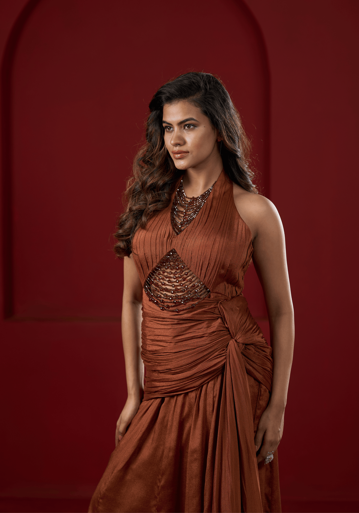 Rust Brown Halter Drape Gown