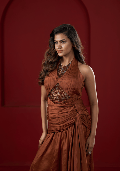Rust Brown Halter Drape Gown