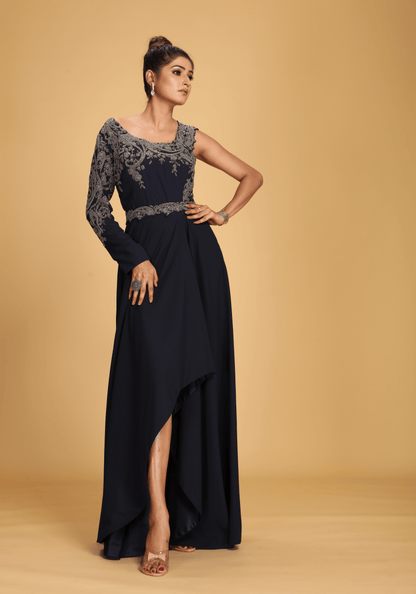 Midnight One-Shoulder Embroidered Gown