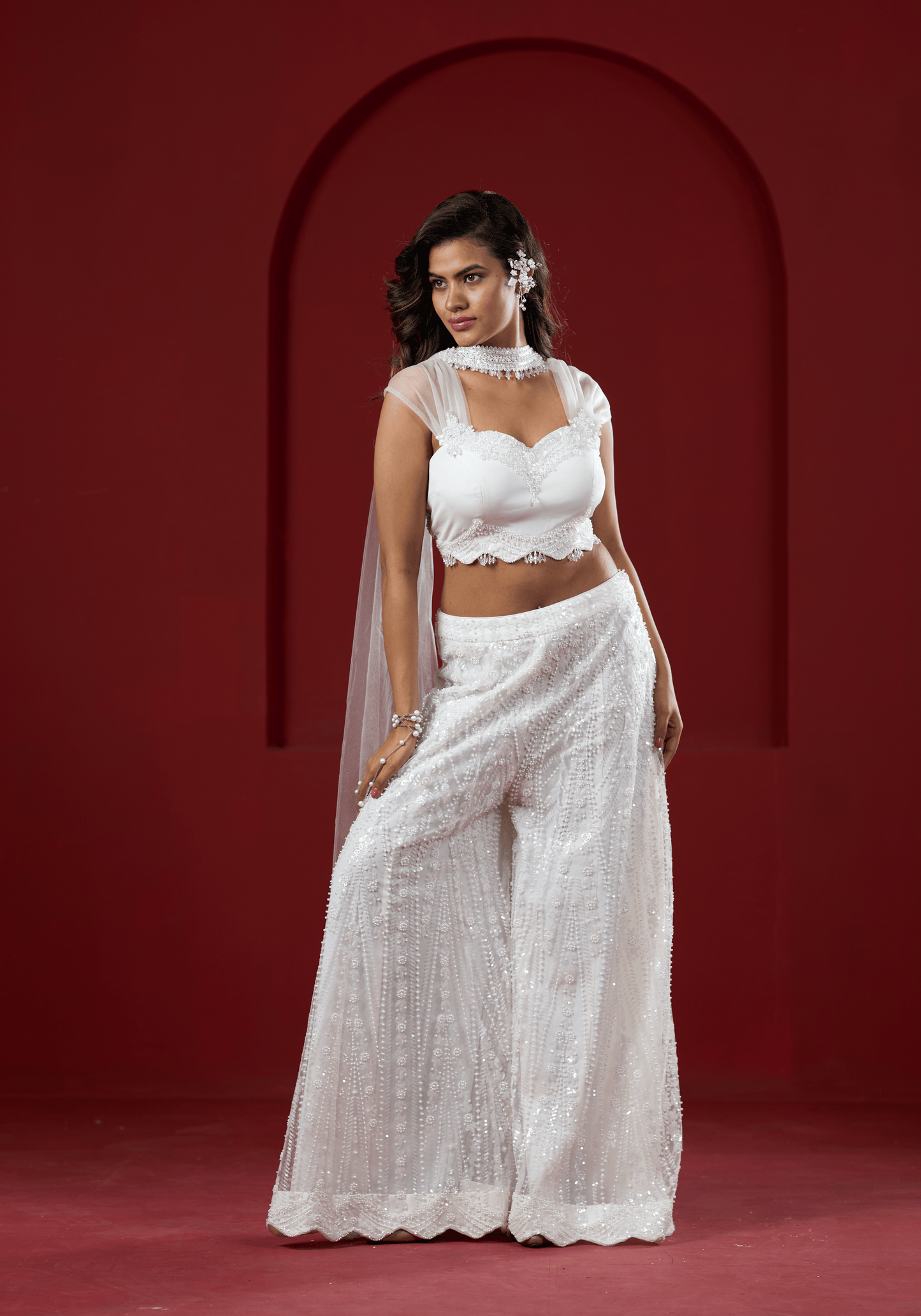 Pearl White Embellished Pre-Draped Saree