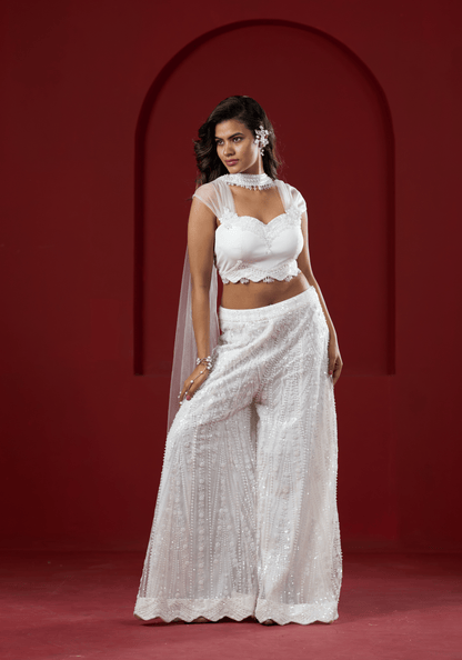 Pearl White Embellished Pre-Draped Saree