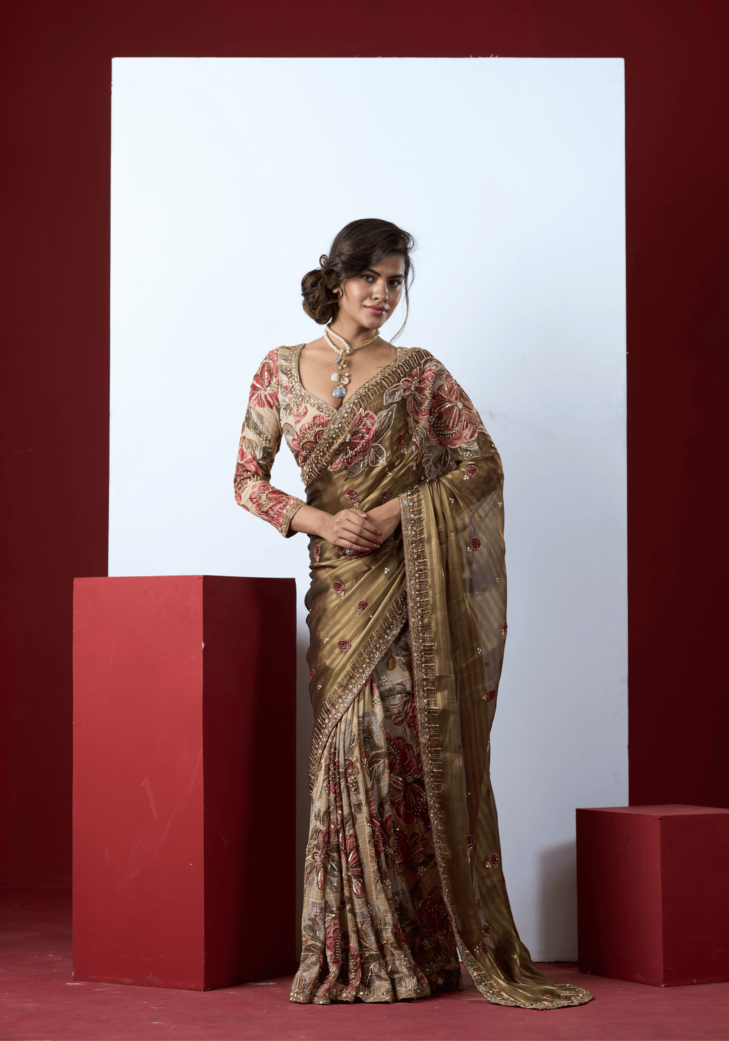 Olive Floral Embroidered Saree Set