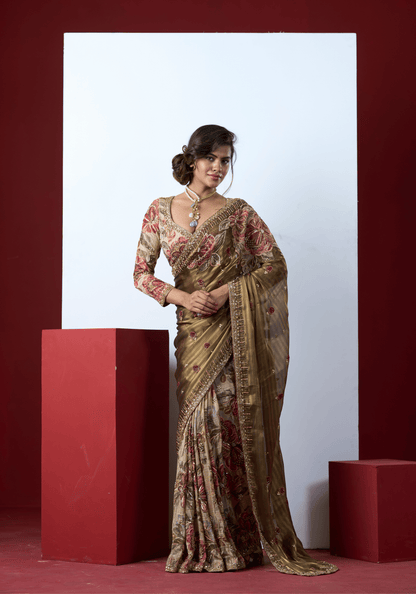 Olive Floral Embroidered Saree Set