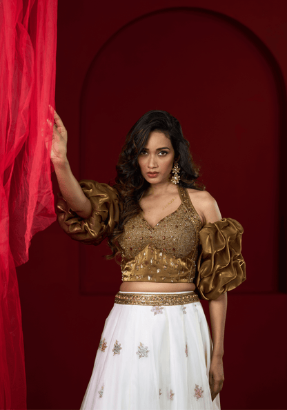 Golden Puff Sleeve Lehenga Set