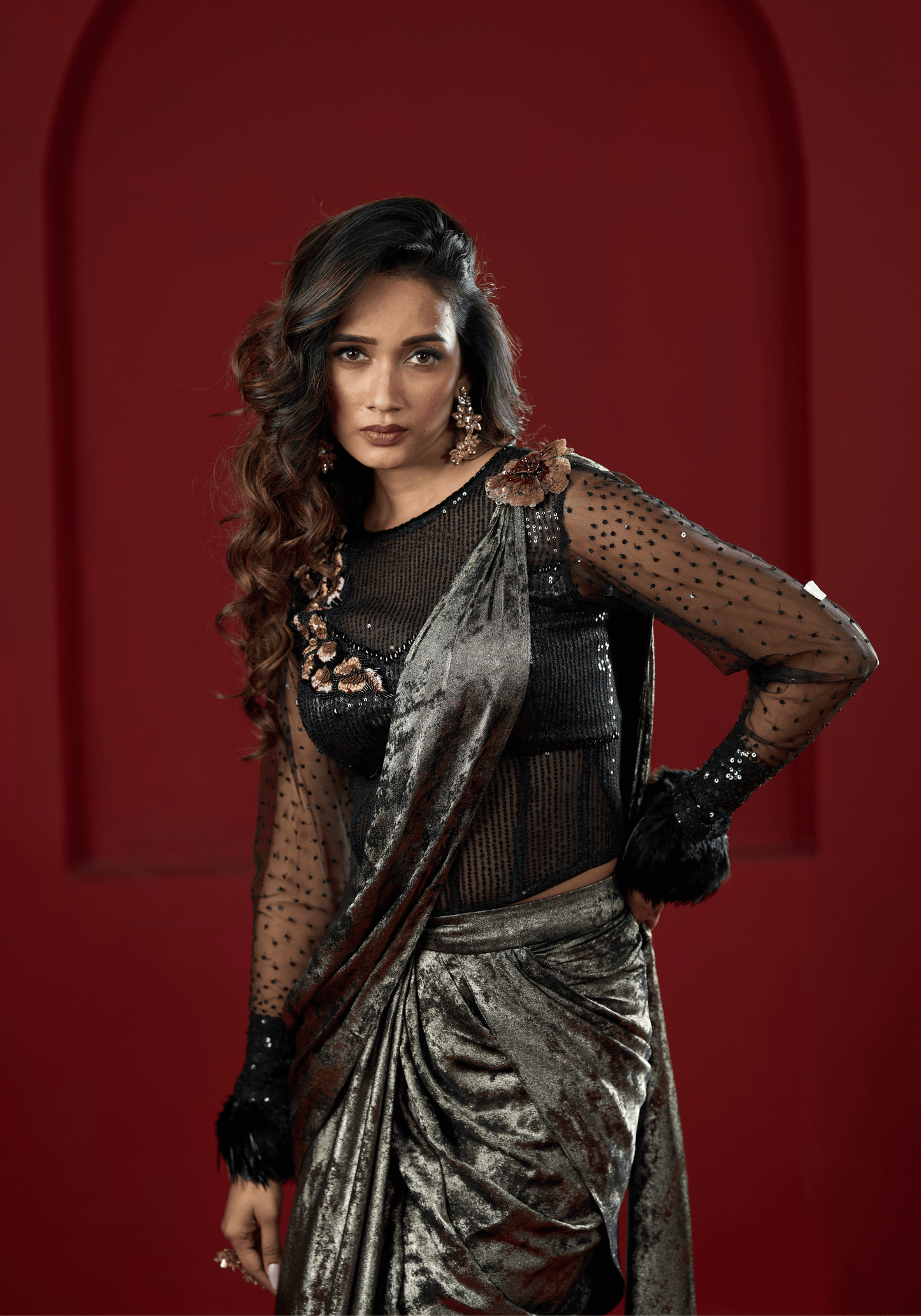 Metallic Black Pre-Draped Saree Gown