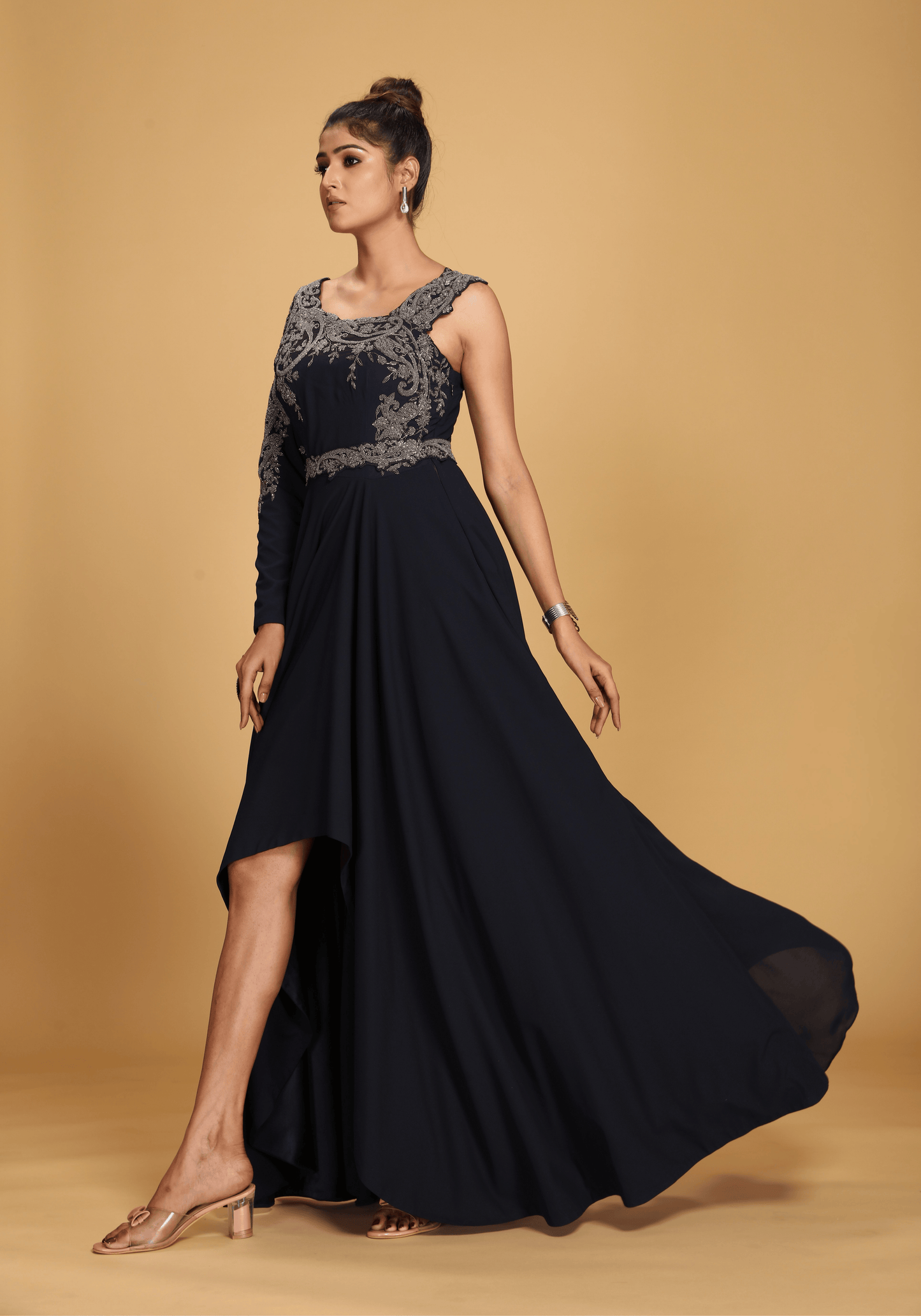 Midnight One-Shoulder Embroidered Gown