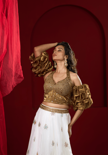 Golden Puff Sleeve Lehenga Set
