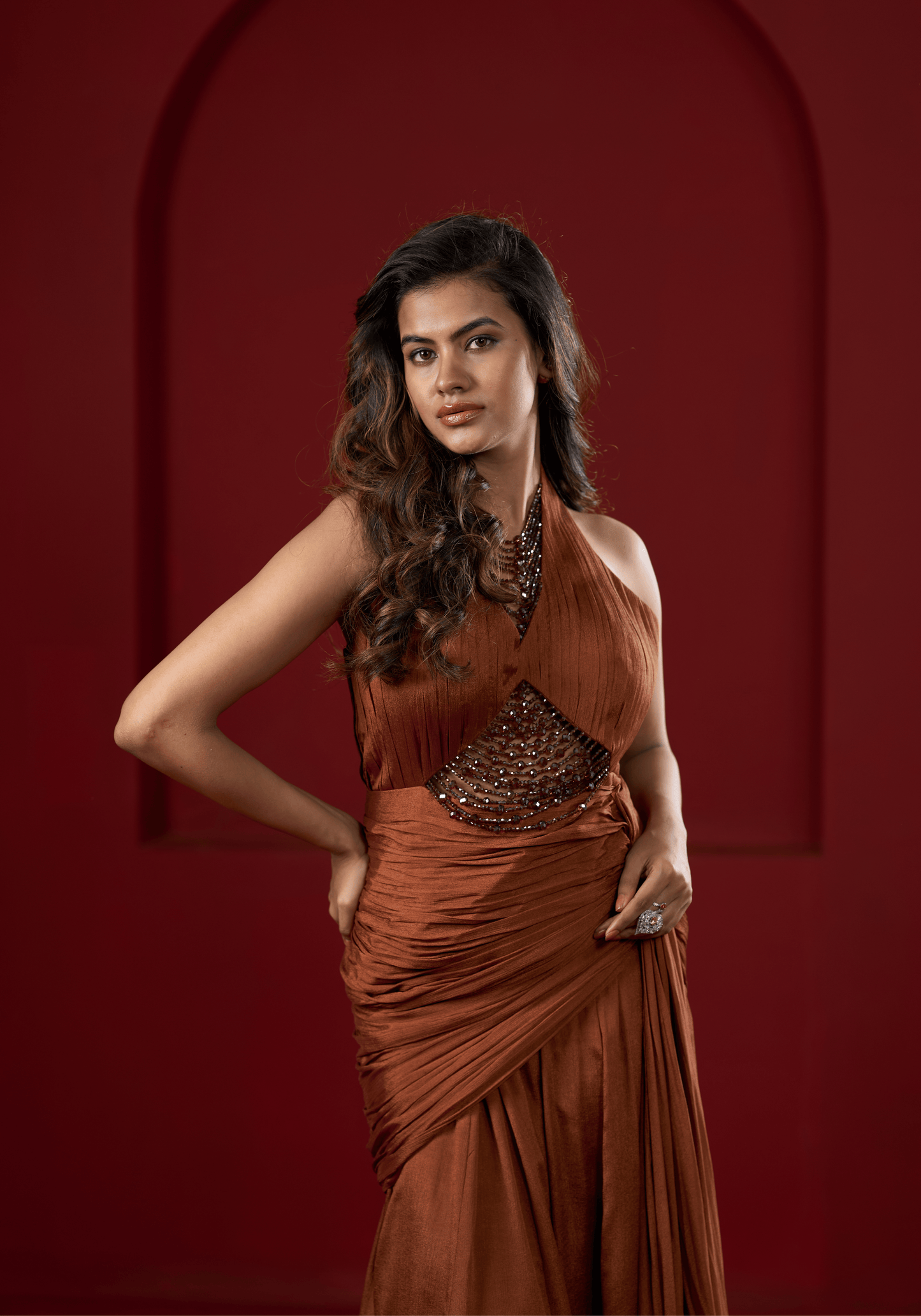 Rust Brown Halter Drape Gown