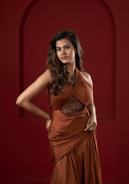 Rust Brown Halter Drape Gown
