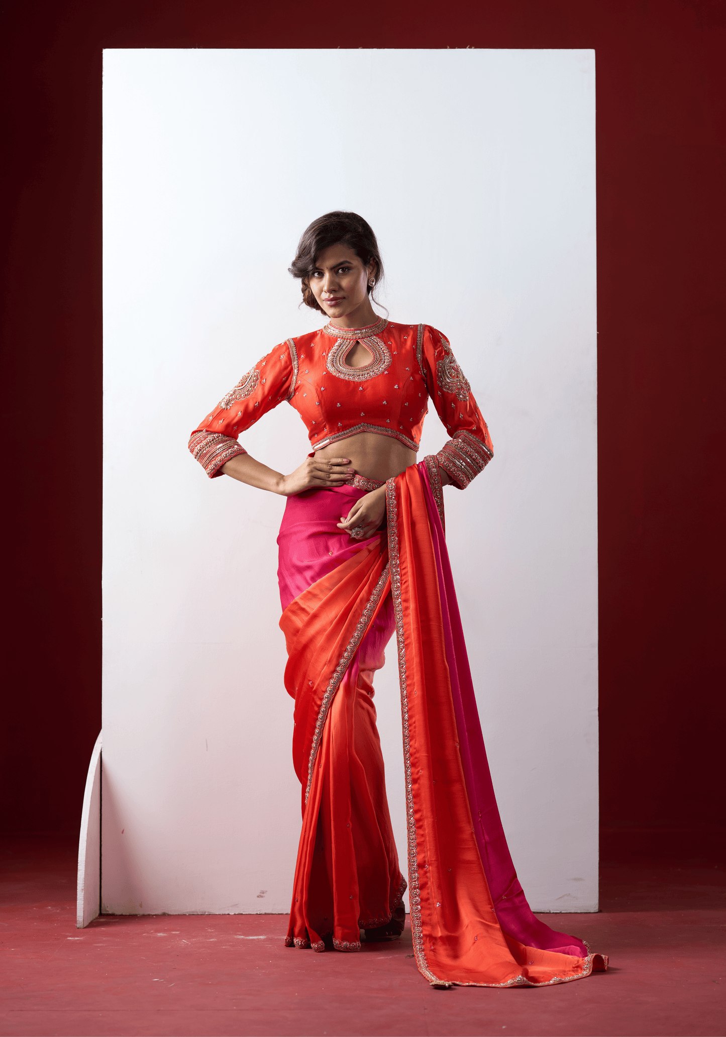 Sunset Pink Ombre Pre-Draped Saree