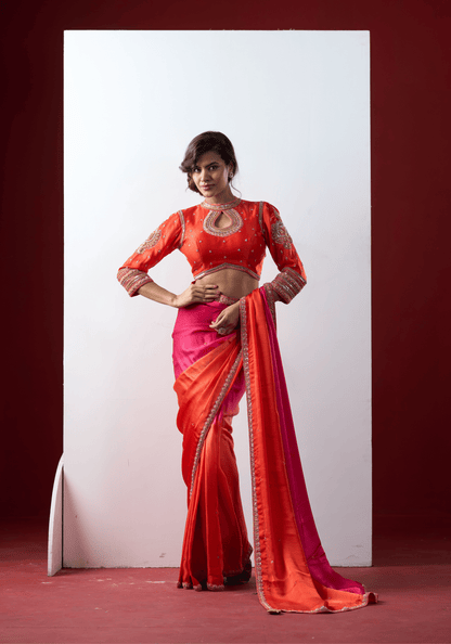 Sunset Pink Ombre Pre-Draped Saree