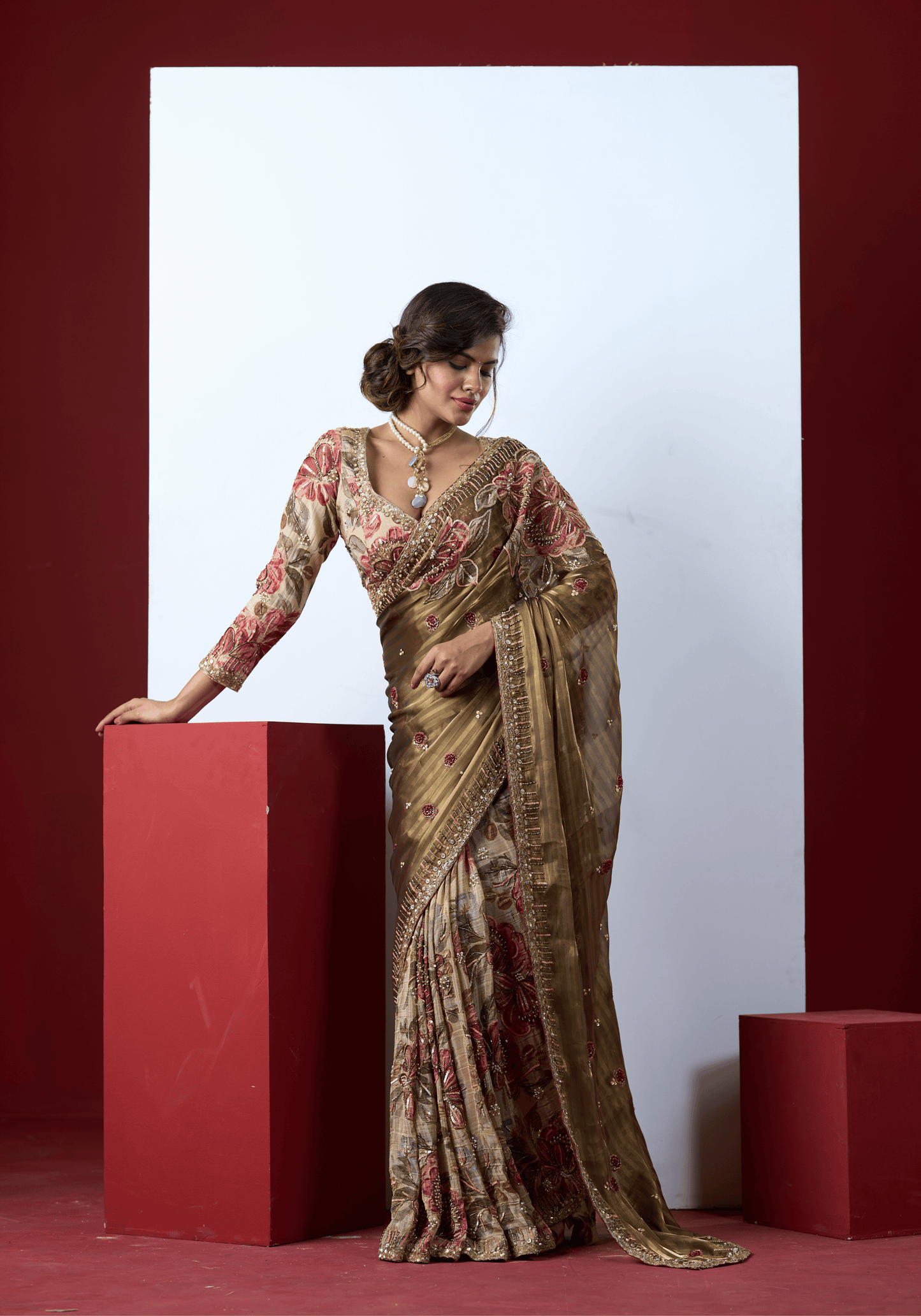 Olive Floral Embroidered Saree Set