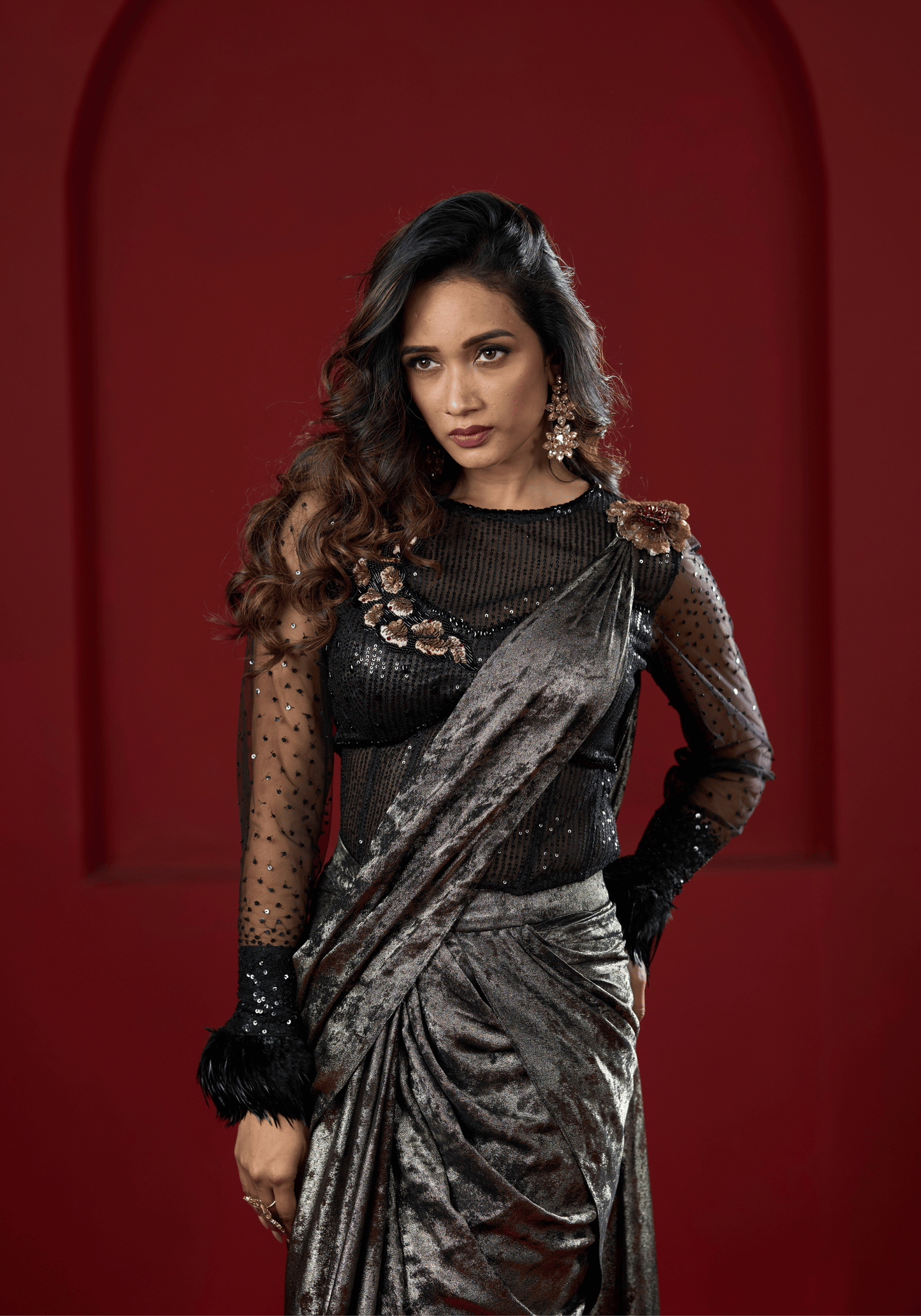 Metallic Black Pre-Draped Saree Gown
