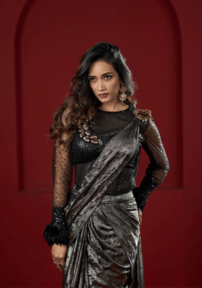 Metallic Black Pre-Draped Saree Gown