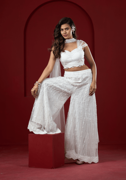Pearl White Embellished Pre-Draped Saree