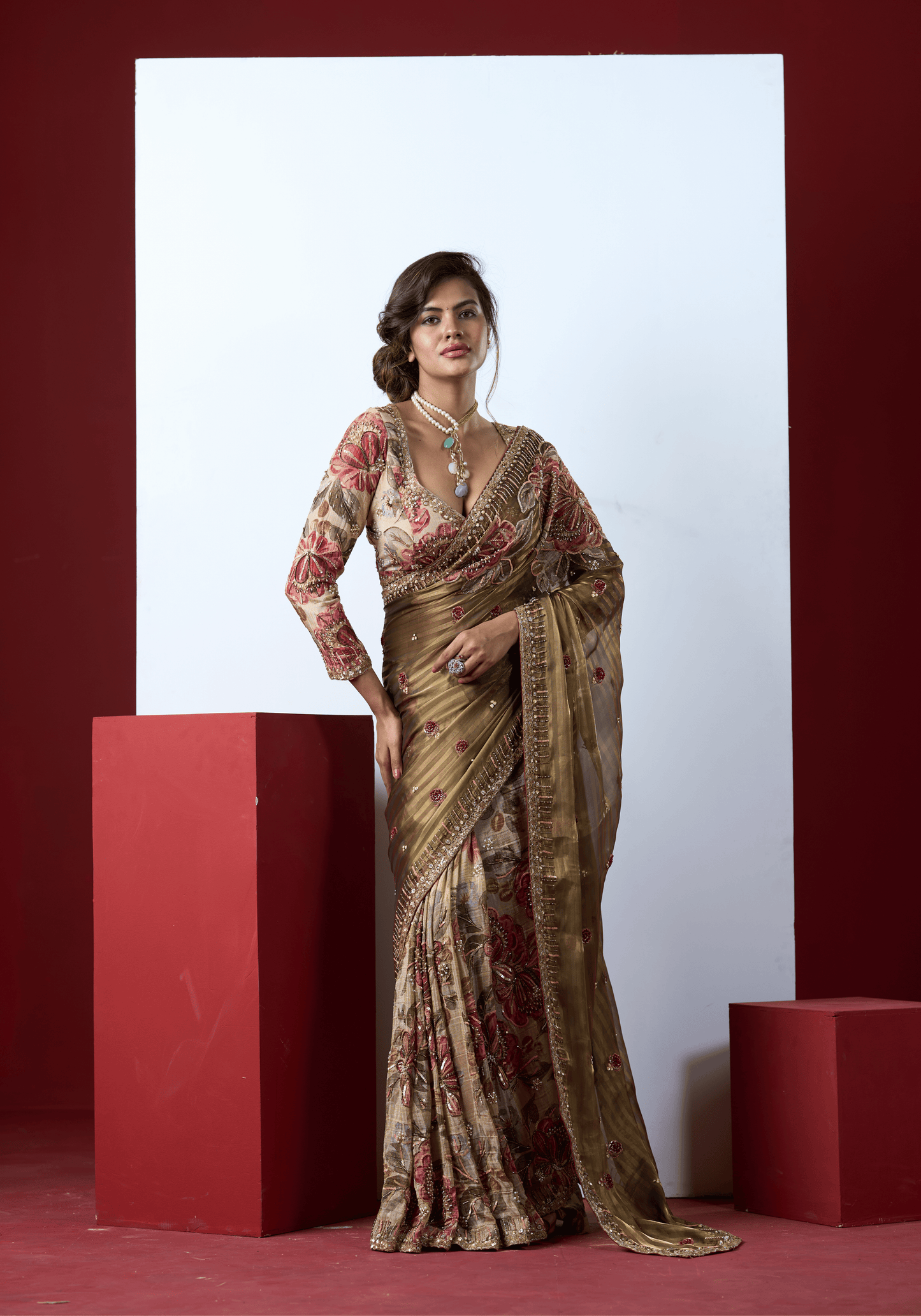 Olive Floral Embroidered Saree Set