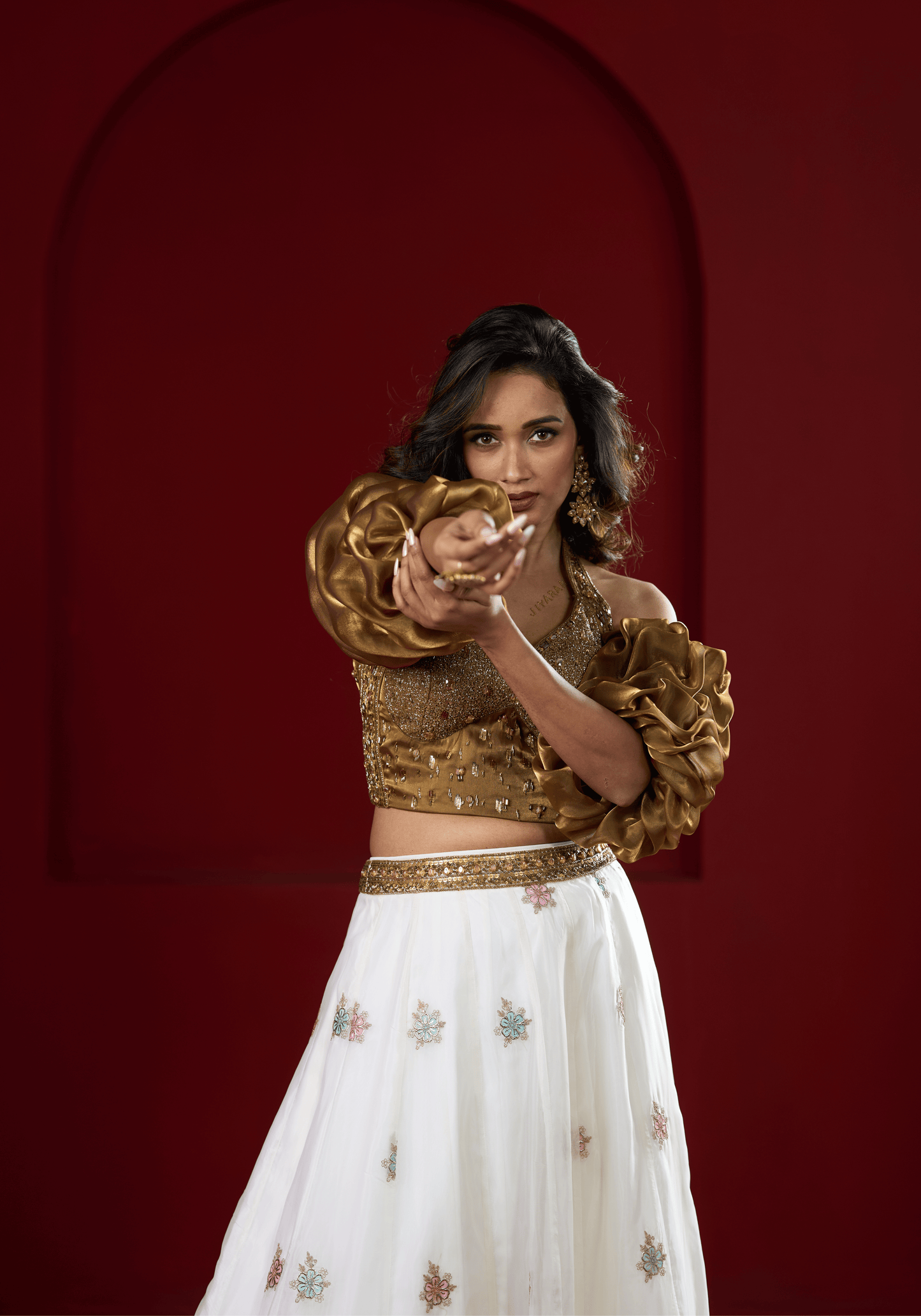 Golden Puff Sleeve Lehenga Set