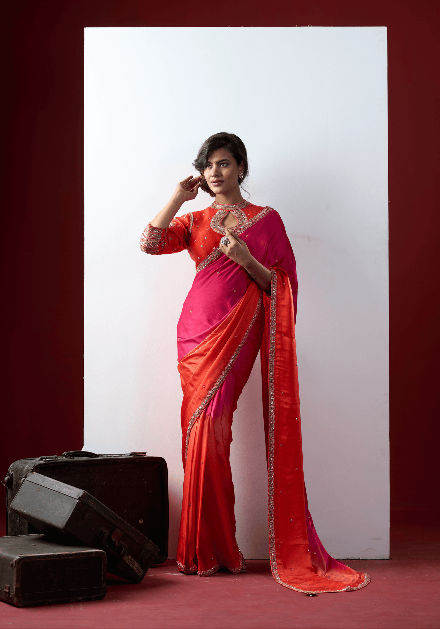 Sunset Pink Ombre Pre-Draped Saree