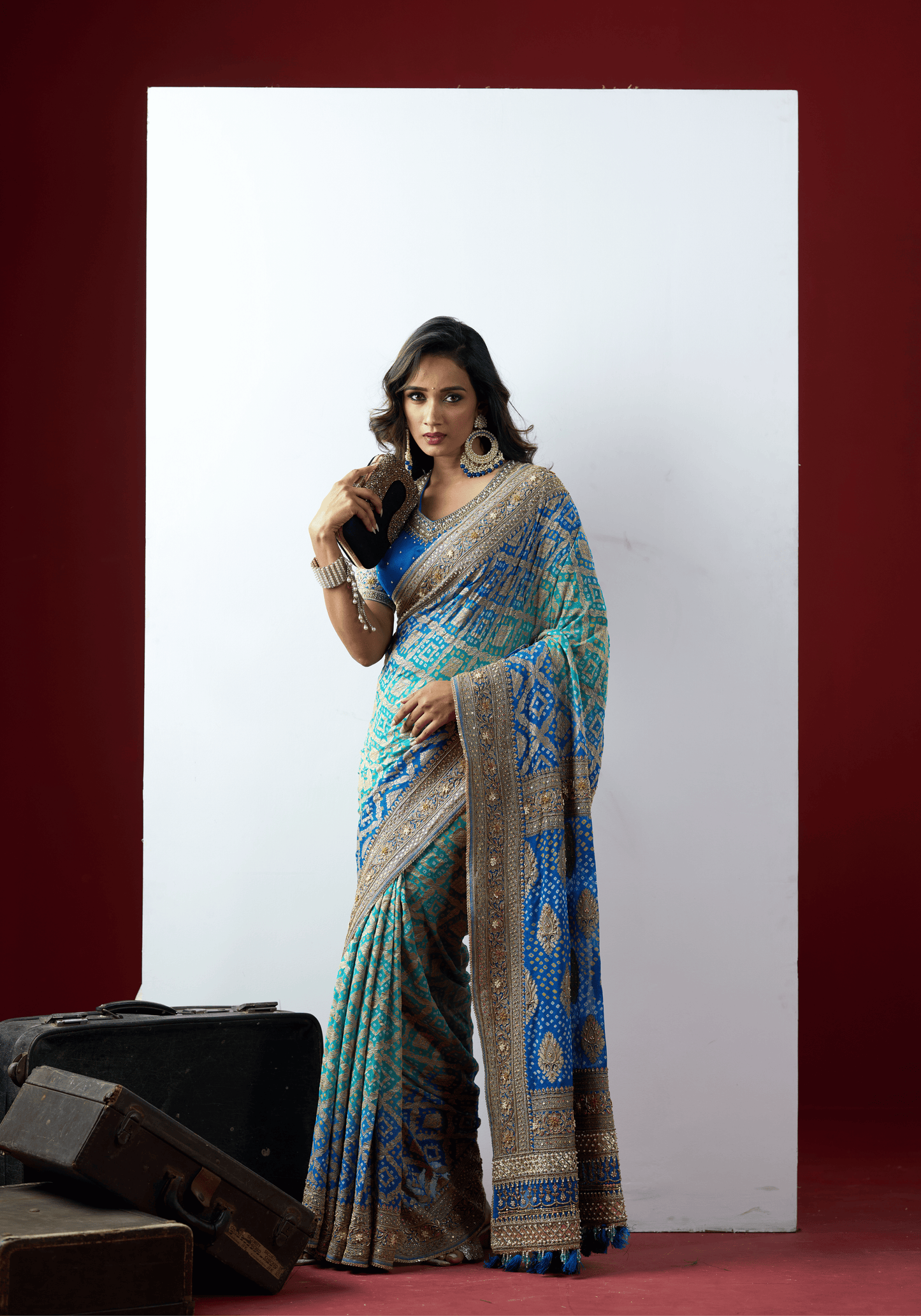 Royal Blue Bandhani Embroidered Saree