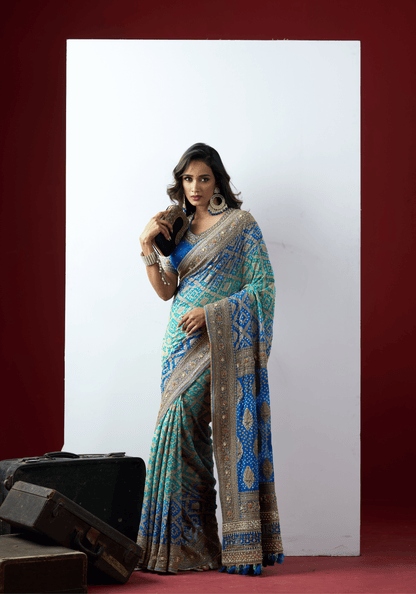 Royal Blue Bandhani Embroidered Saree