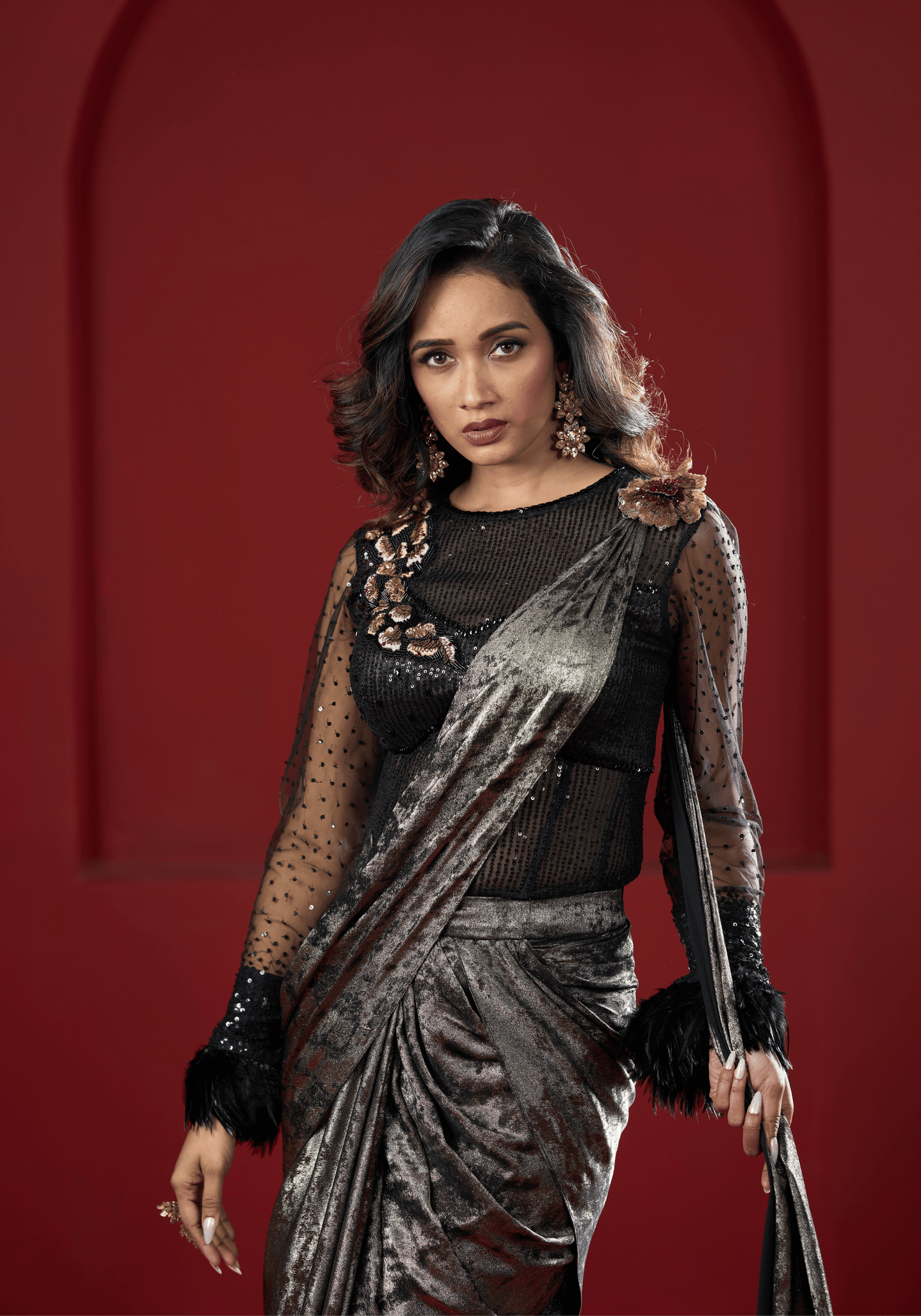 Metallic Black Pre-Draped Saree Gown
