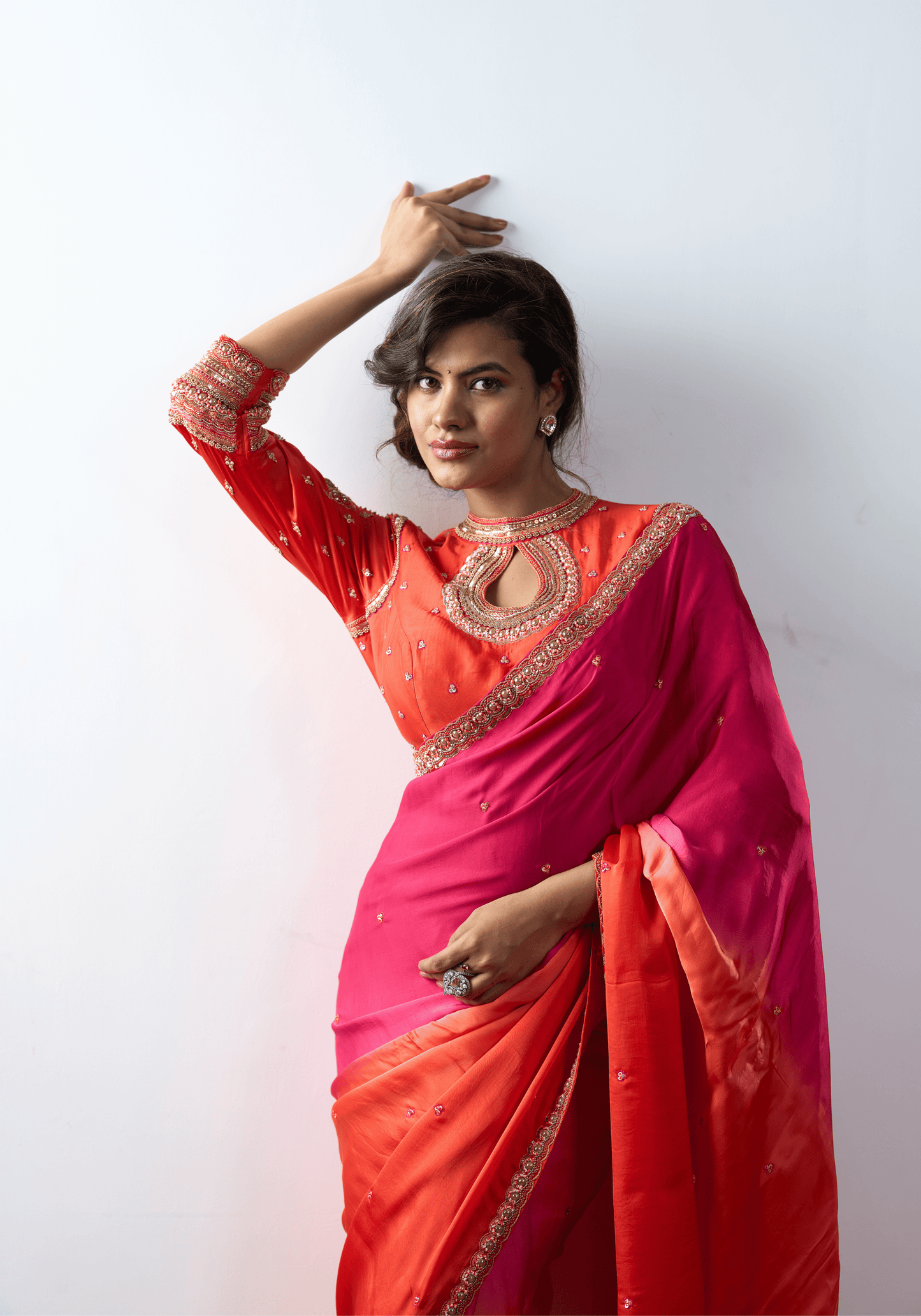 Sunset Pink Ombre Pre-Draped Saree