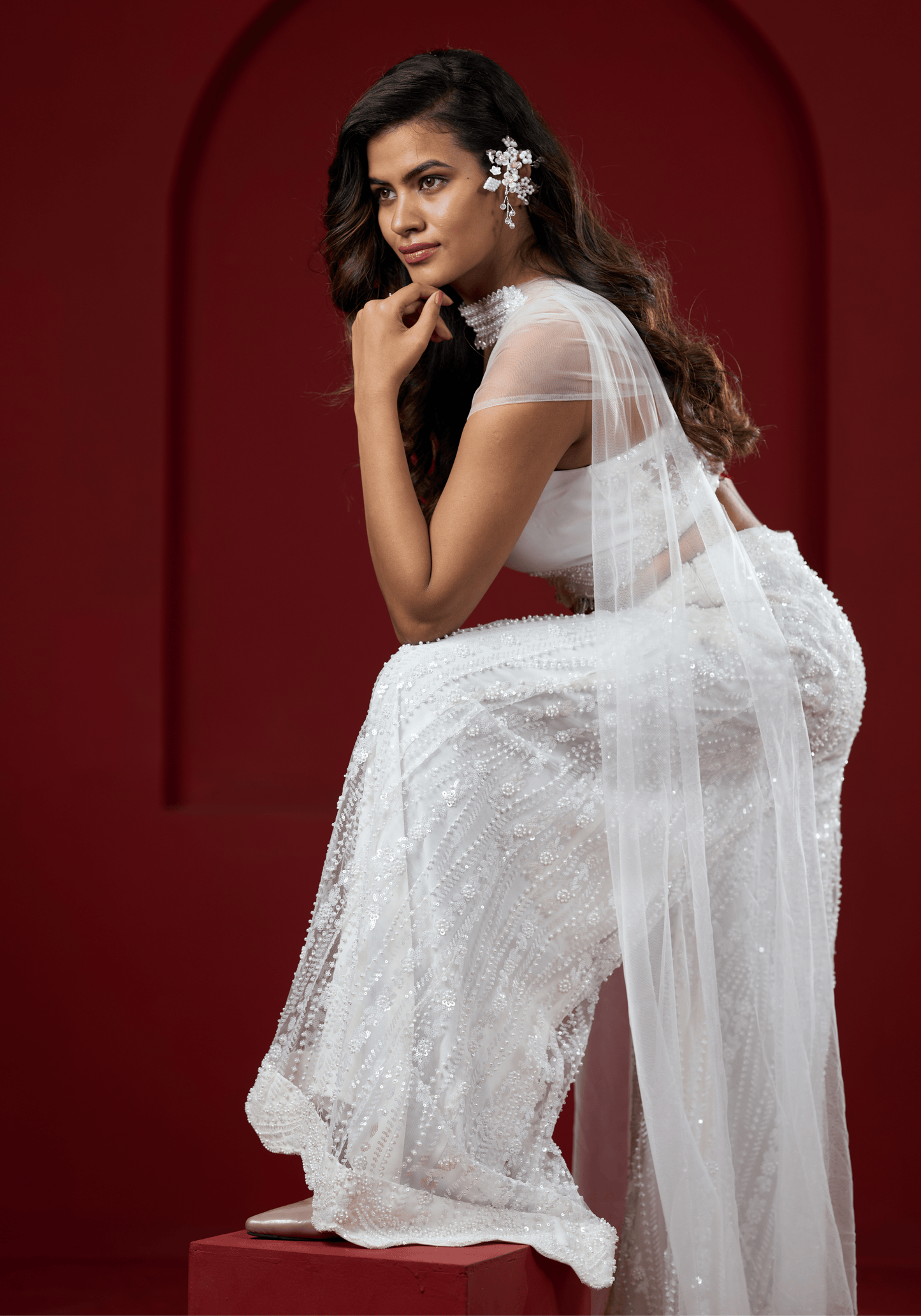 Pearl White Embellished Pre-Draped Saree