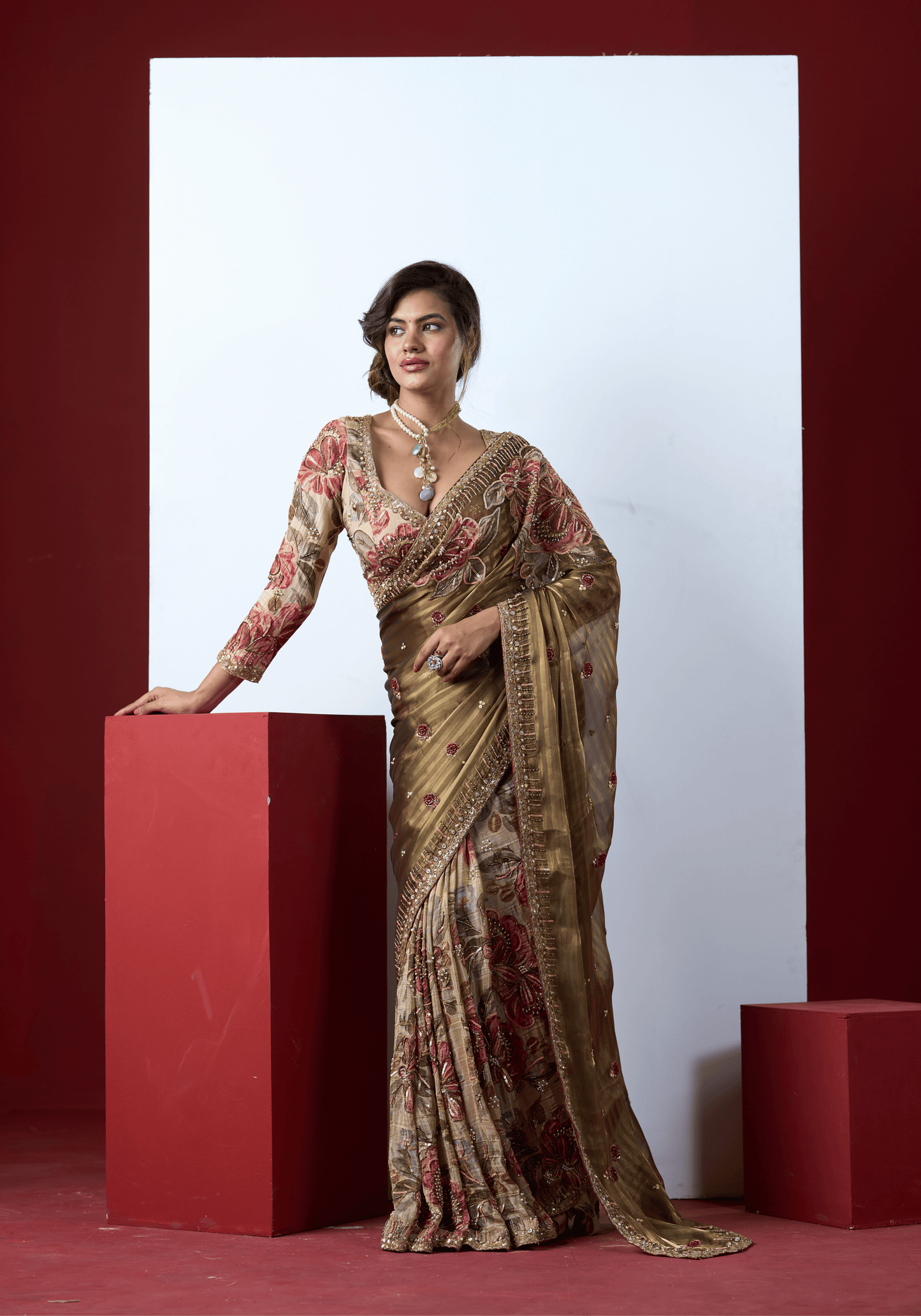 Olive Floral Embroidered Saree Set