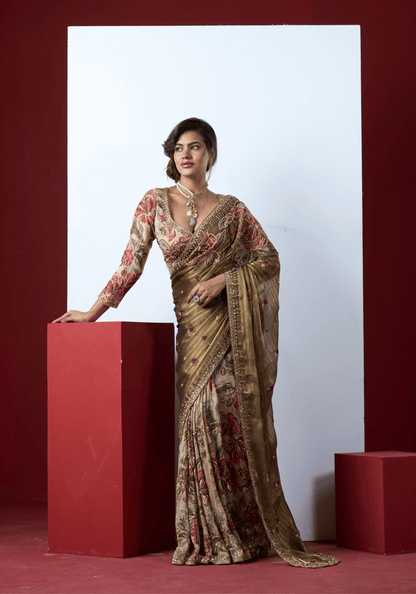 Olive Floral Embroidered Saree Set