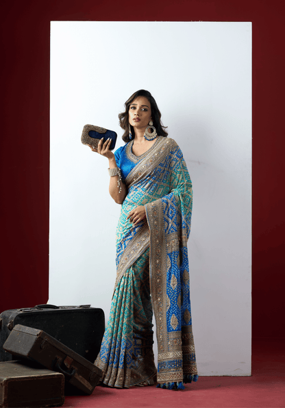 Royal Blue Bandhani Embroidered Saree