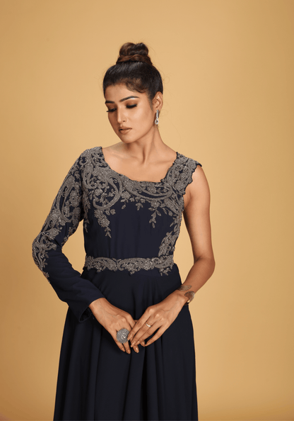 Midnight One-Shoulder Embroidered Gown