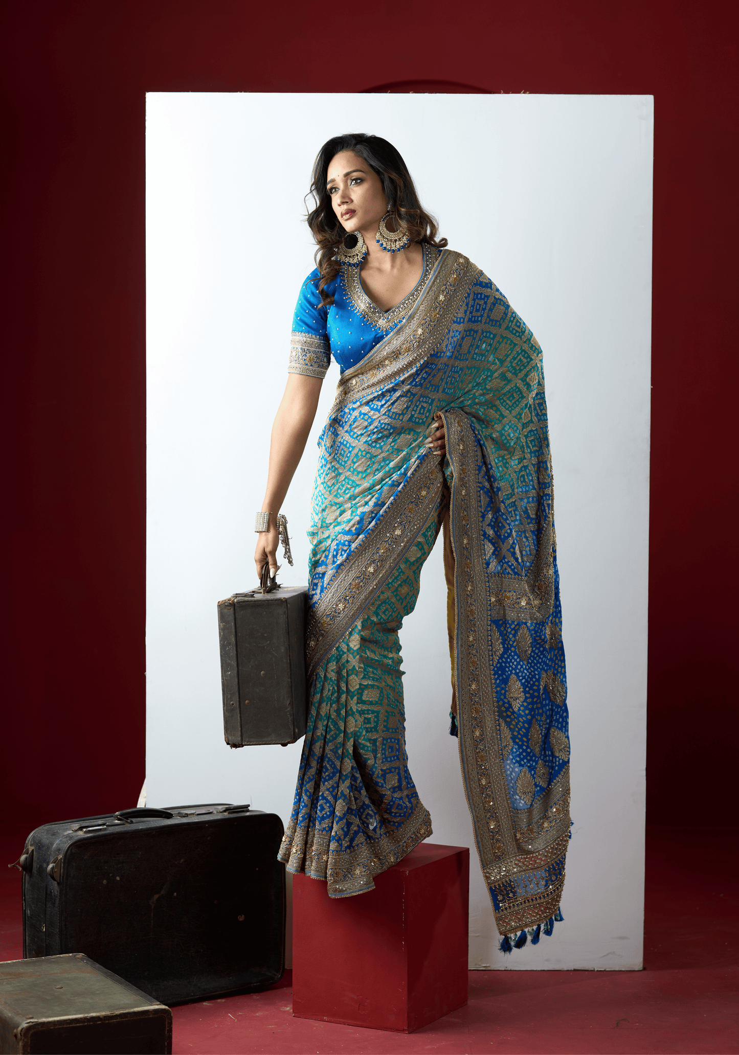 Royal Blue Bandhani Embroidered Saree