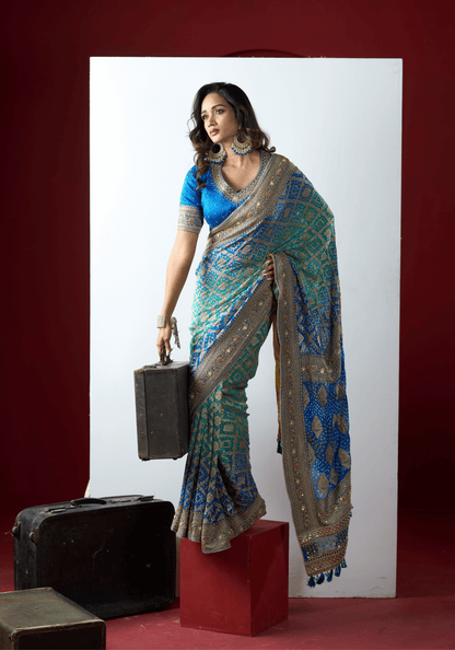 Royal Blue Bandhani Embroidered Saree