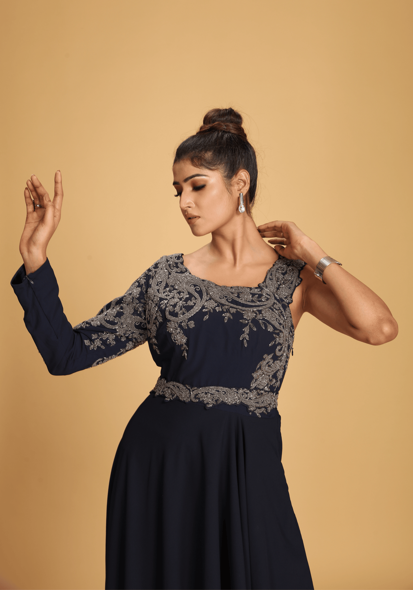 Midnight One-Shoulder Embroidered Gown