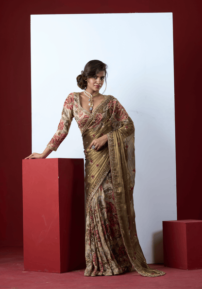 Olive Floral Embroidered Saree Set