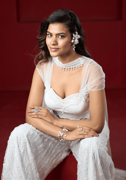 Pearl White Embellished Pre-Draped Saree