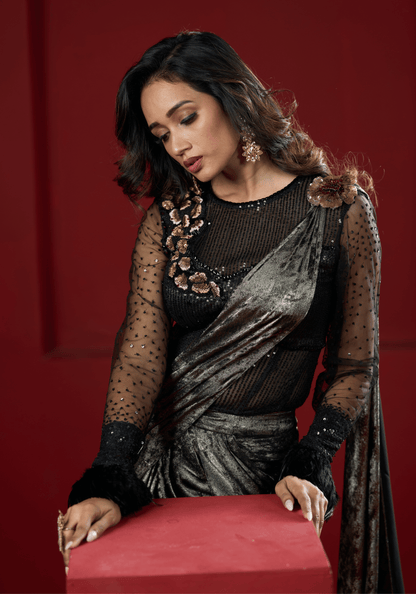 Metallic Black Pre-Draped Saree Gown